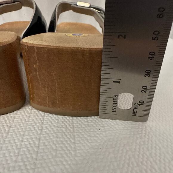 Dr Scholls Sandals Womens 8 M Black Leather Wooden Exercise Clog Slide Brazil - Picture 7 of 11